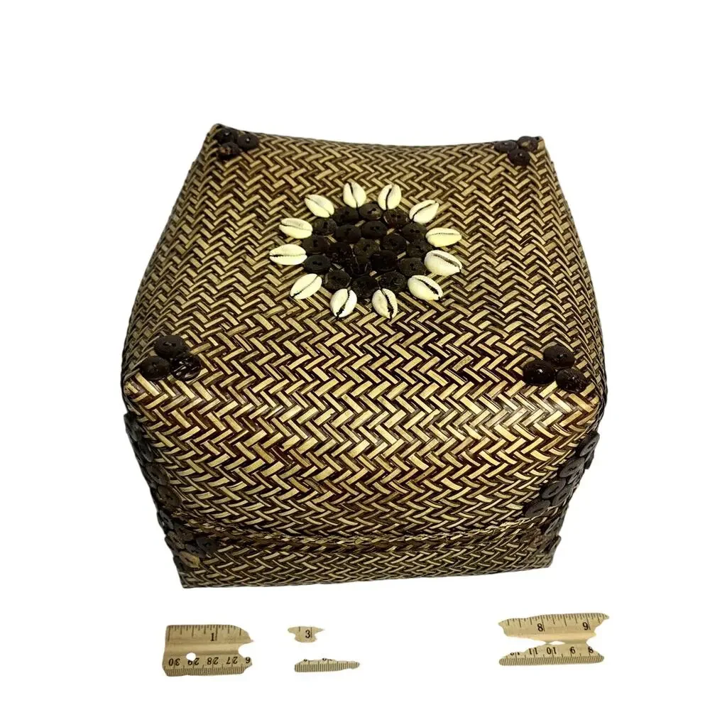 Square Chunky Hand Woven Nesting Baskets Shell & Button Lid Storage Boho Coastal